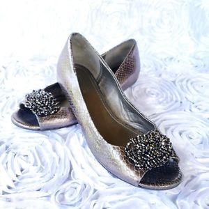 Kenneth Cole Snake Print Pewter Grey Peep Toe Flats Crystal Accent Slipon
